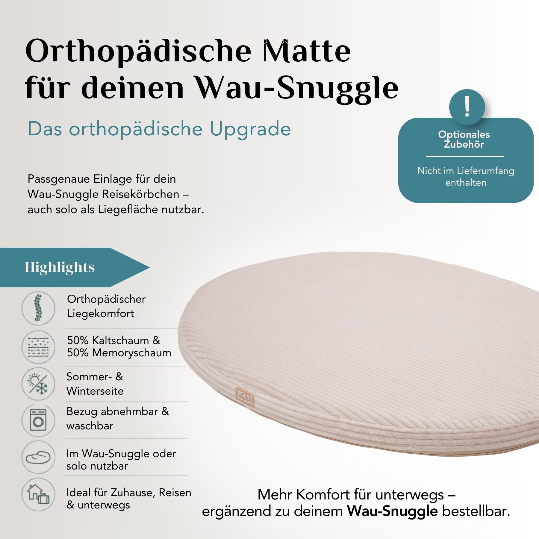 Orthopädische Matte als optionales Upgrade für das Wau-Snuggle Reisekörbchen von EMMY & PEPE für mehr Liegekomfort unterwegs.