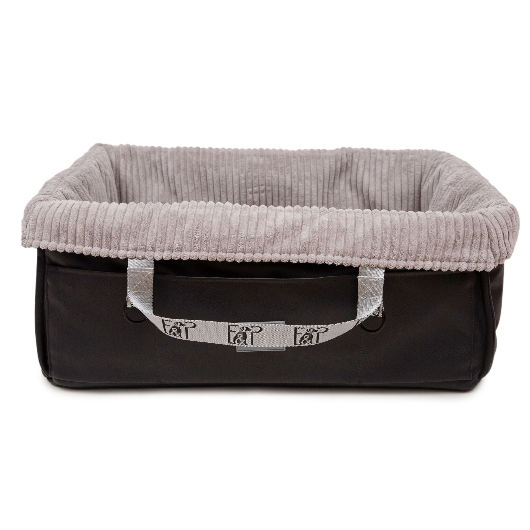 Freigestelltes eckiges Wau-Snuggle Cord Light Grey Hundekörbchen mit hohem Rand von EMMY & PEPE mit dunklem Kunstleder und hellgrauem Cordstoff innen.