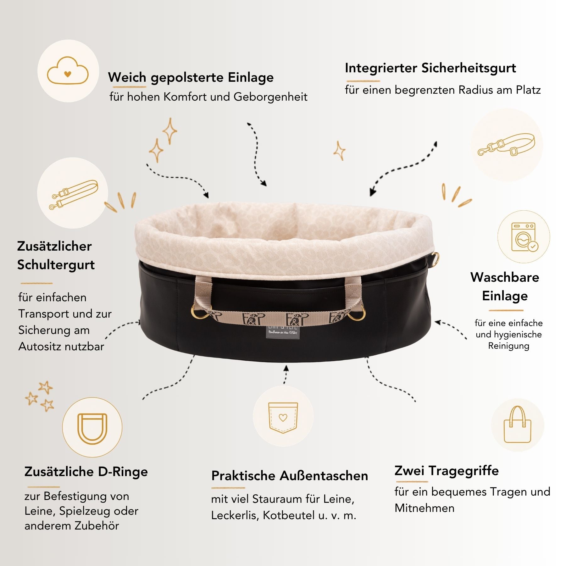 USP Grafik Wau-Snuggle Royal Hundekörbchen für unterwegs von EMMY & PEPE mit heruntergeklapptem Rand, schwarzem Kunstleder und weicher Liegefläche.