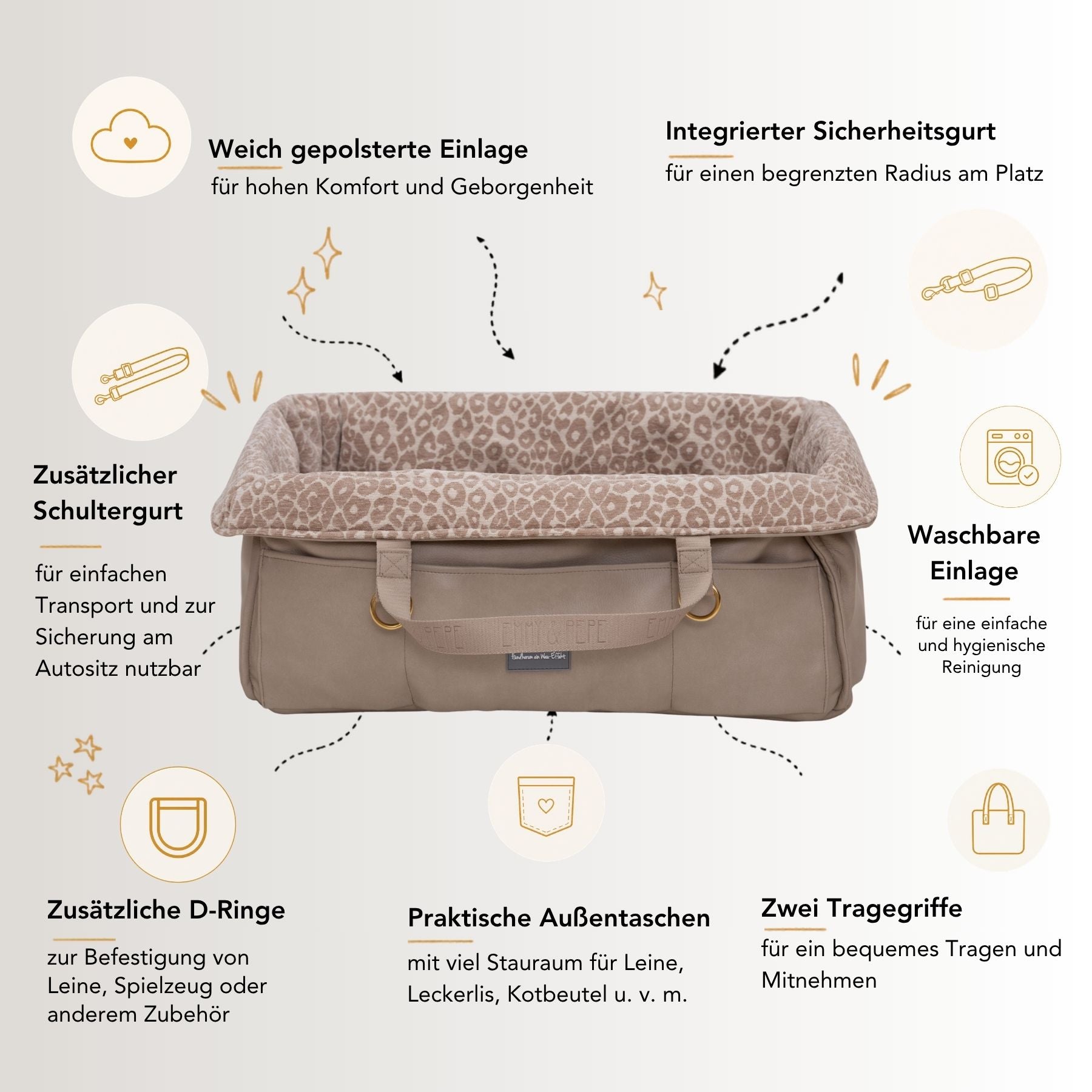 USP Grafik eckiges Wau-Snuggle Leo Taupe Hundekörbchen für unterwegs von EMMY & PEPE mit beigem Kunstleder und beige-cremefarbenem Leo-Muster innen.