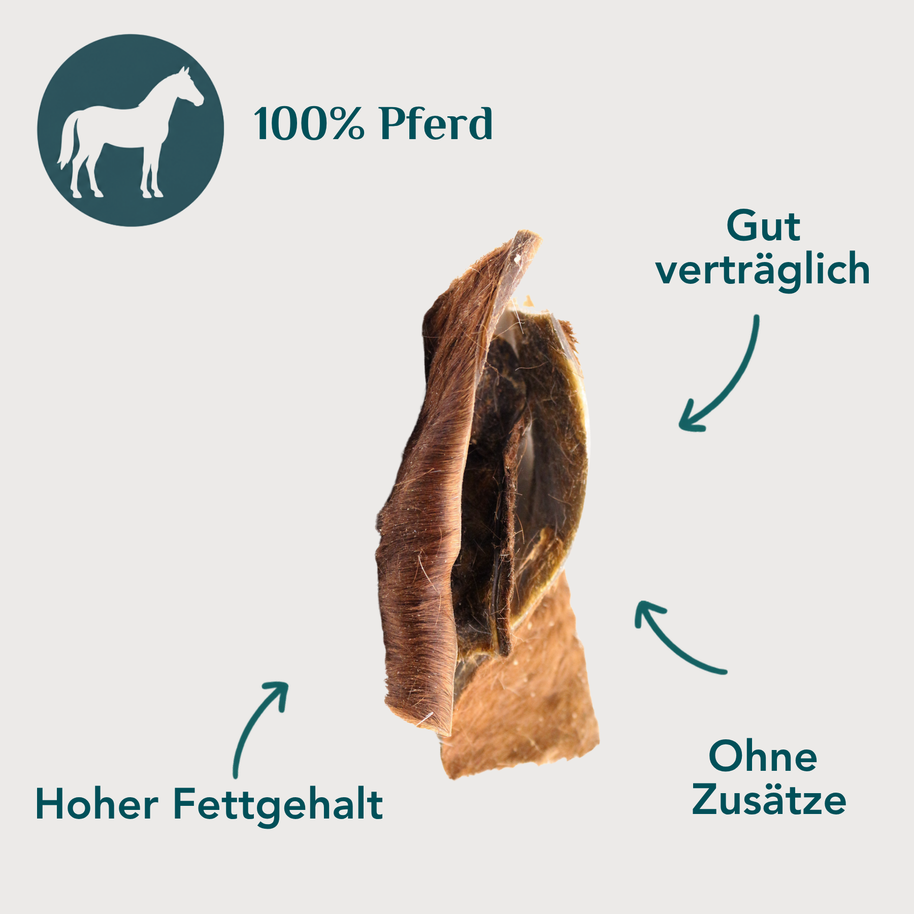 Wau-Knabber Pferdehaut mit Fell freigestellt – 100 % Pferd, natürliche Rohfaser, hypoallergen