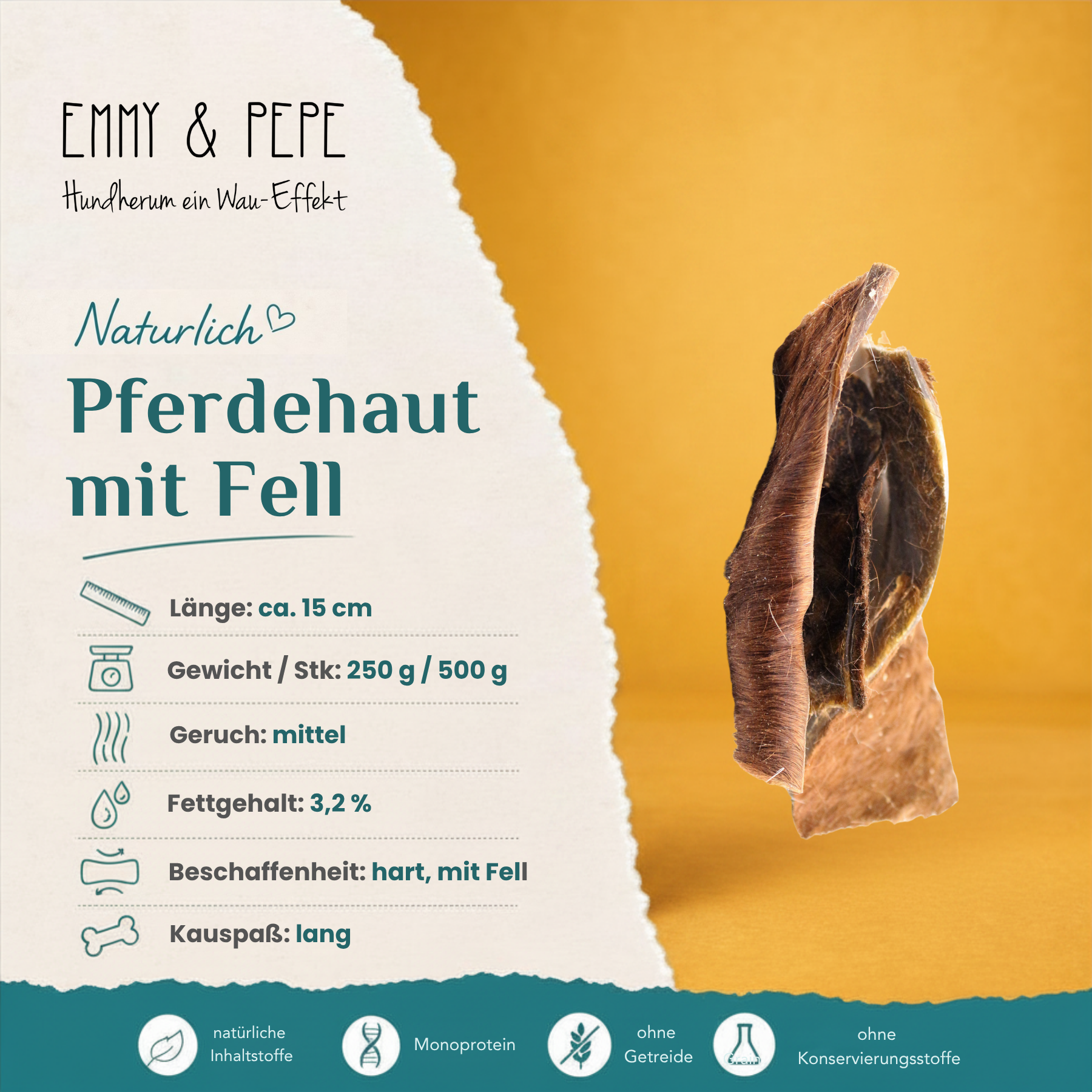 Produkteigenschaften Pferdehaut mit Fell für Hunde – Fettgehalt, Beschaffenheit, Rohfaser und Kauspaß