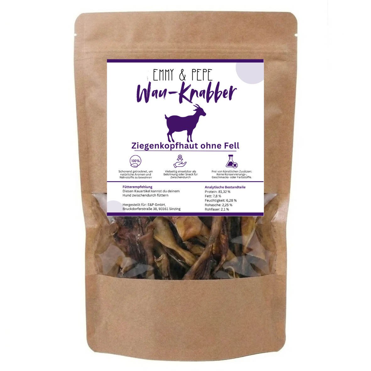 Wau-Knabber Ziegenkopfhaut ohne Fell von EMMY & PEPE – Produkttüte, 100 % Ziege, schonend getrocknet