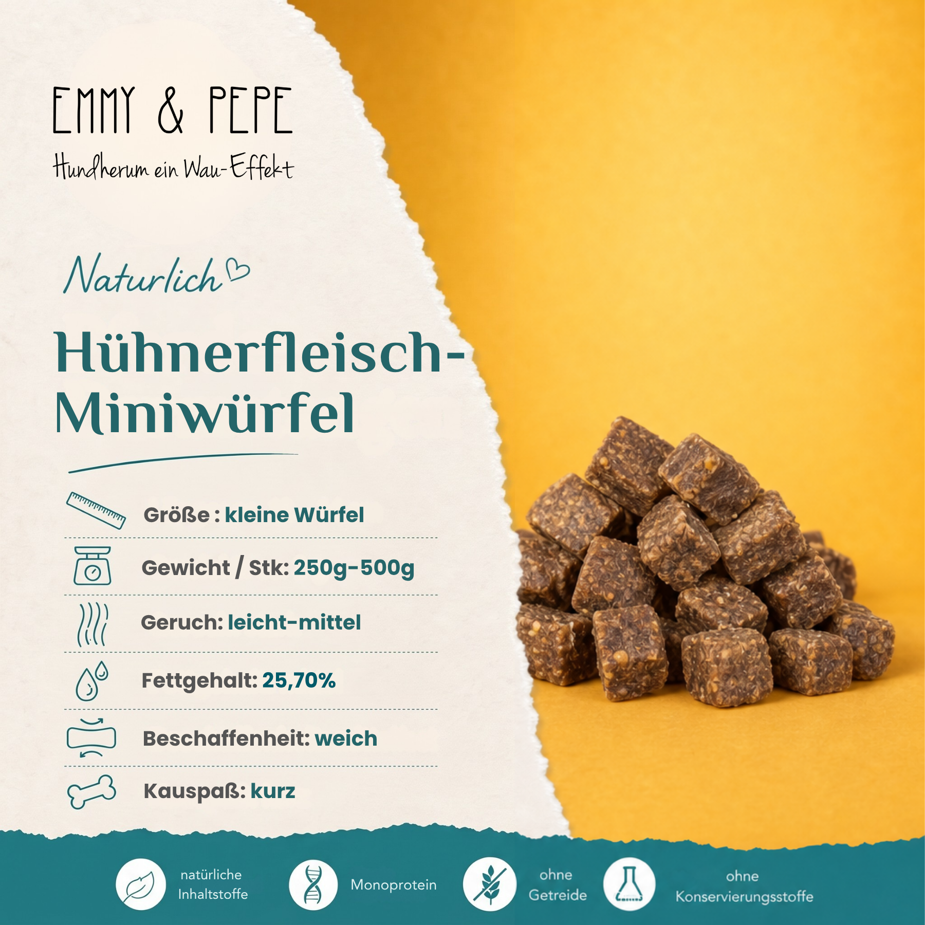 Hühnerfleisch-Miniwürfel für Hunde – energiereicher Trainingssnack aus Hühnerfleisch | EMMY & PEPE