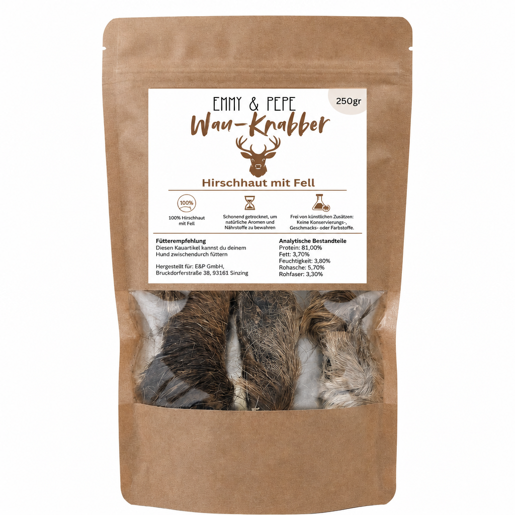 Wau-Knabber Hirschhaut von EMMY & PEPE – Produkttüte, 100 % Hirsch, schonend getrocknet