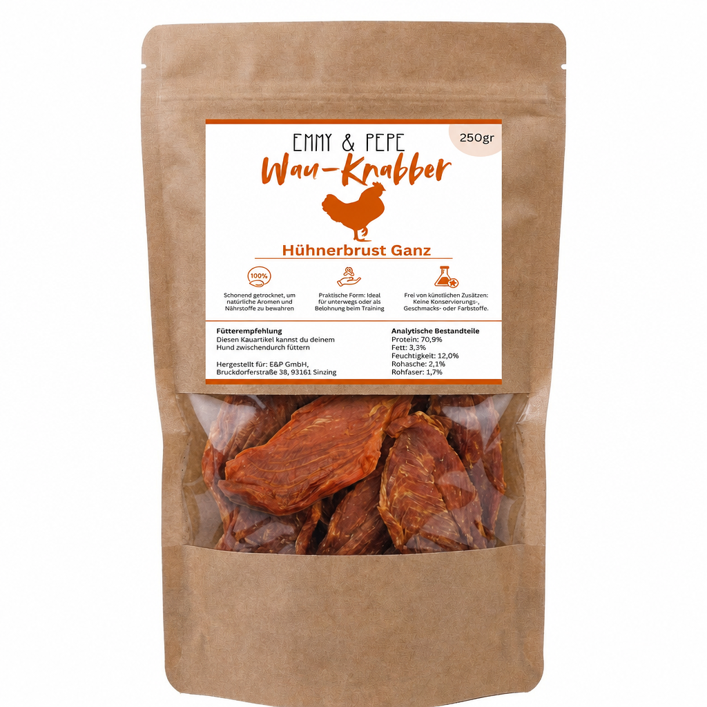 Wau-Knabber Hühnerbrust Ganz von EMMY & PEPE – Produkttüte, 100 % Huhn, schonend getrocknet