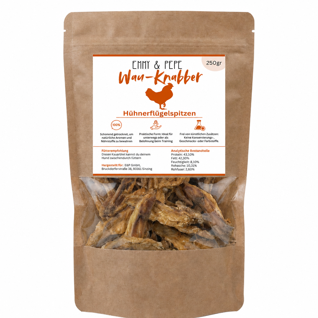 Wau-Knabber Hühnerflügelspitzen von EMMY & PEPE – Produkttüte, 100 % Huhn, schonend getrocknet