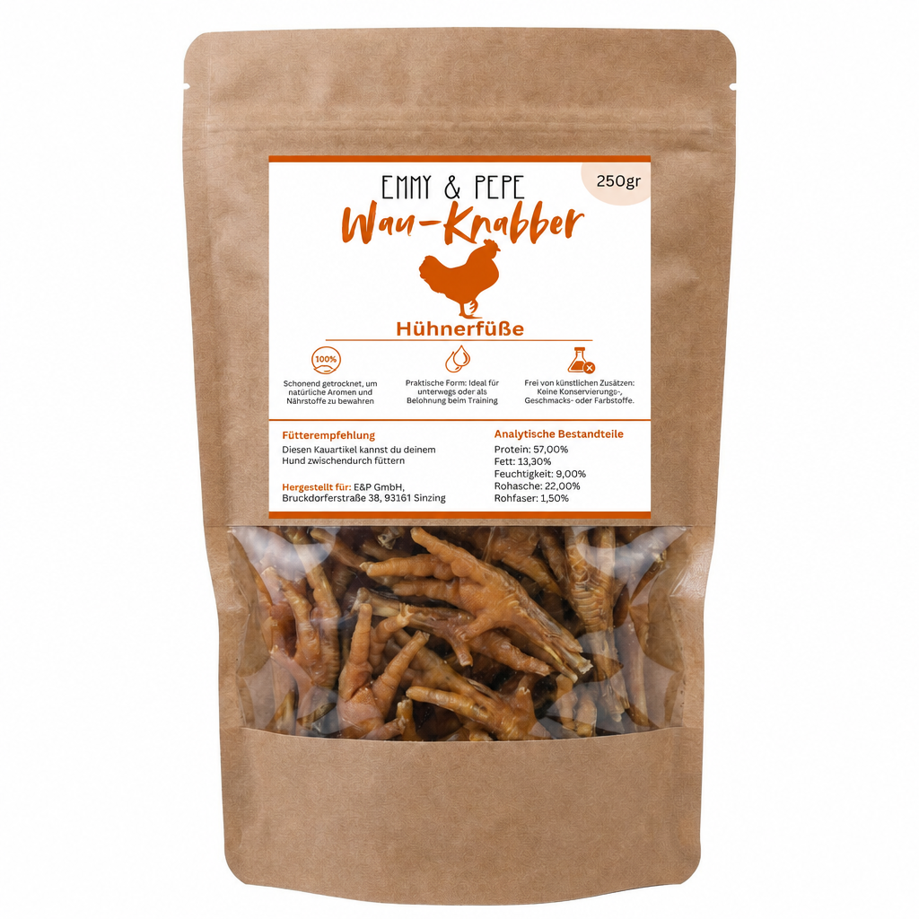 Wau-Knabber Hühnerfüße von EMMY & PEPE – Produkttüte, 100 % Huhn, schonend getrocknet