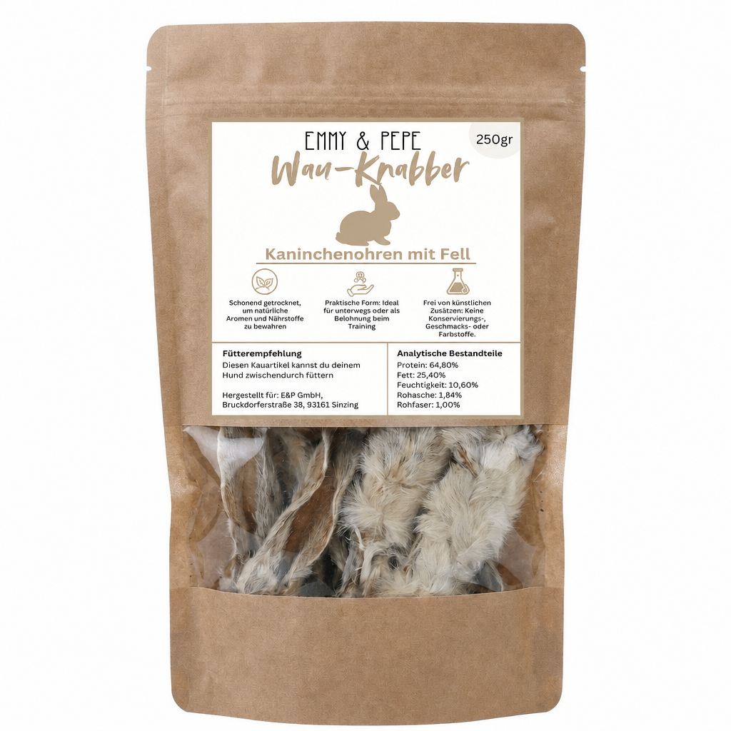 Wau-Knabber Kaninchenohren mit Fell von EMMY & PEPE – Produkttüte, 100 % Kaninchen, schonend getrocknet