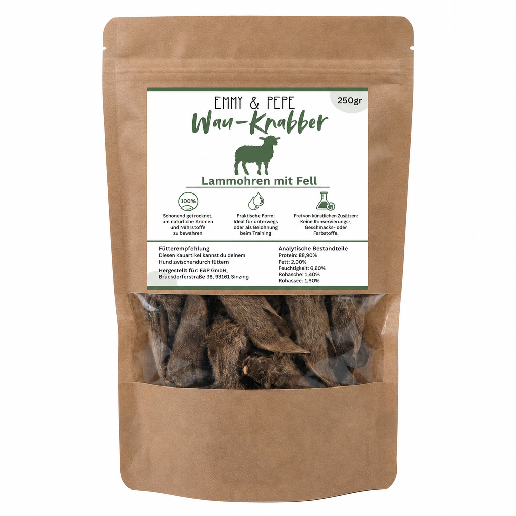 Wau-Knabber Lammohren mit Fell von EMMY & PEPE – Produkttüte, 100 % Lamm, schonend getrocknet