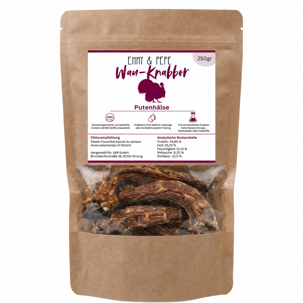 Wau-Knabber Putenhälse von EMMY & PEPE – Produkttüte, 100 % Pute, schonend getrocknet