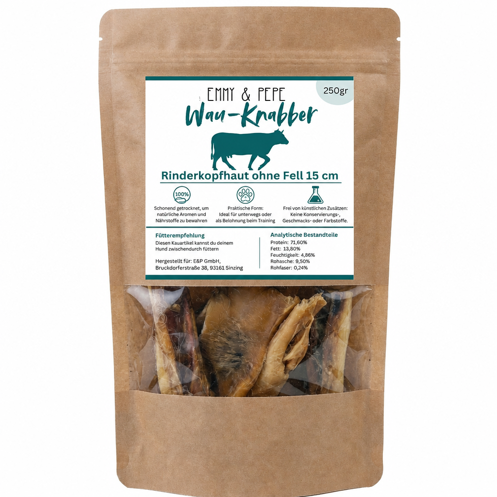 Wau-Knabber Rinderkopfhaut 15cm ohne Fell von EMMY & PEPE – Produkttüte mit Nährwertangaben, 100 % Rind, schonend getrocknet
