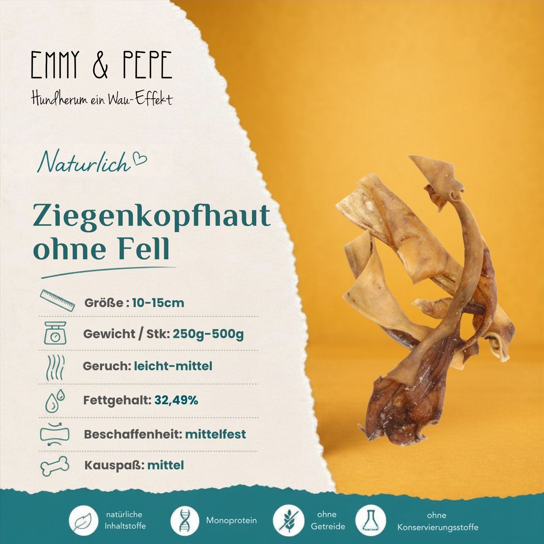 Wau-Knabber Ziegenkopfhaut ohne Fell getrocknet – Kauartikel für Hunde: 56,3 % Rohprotein, natürliches Kollagen, hypoallergener Snack für Hunde mit Fleischallergie
