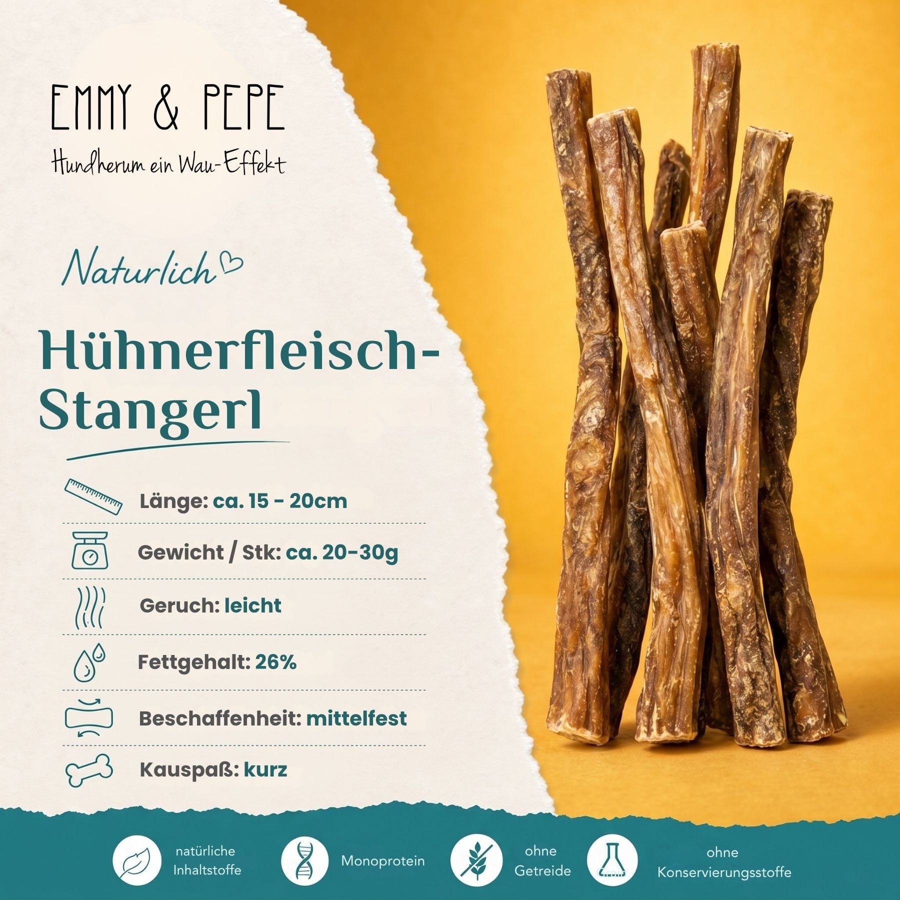 Wau-Stangerl Hühnerfleischstangerl getrocknet – Kauartikel für Hunde: 55,6 % Rohprotein, 19,9 % Fett, natürlicher Trainingssnack für Hunde aller Größen