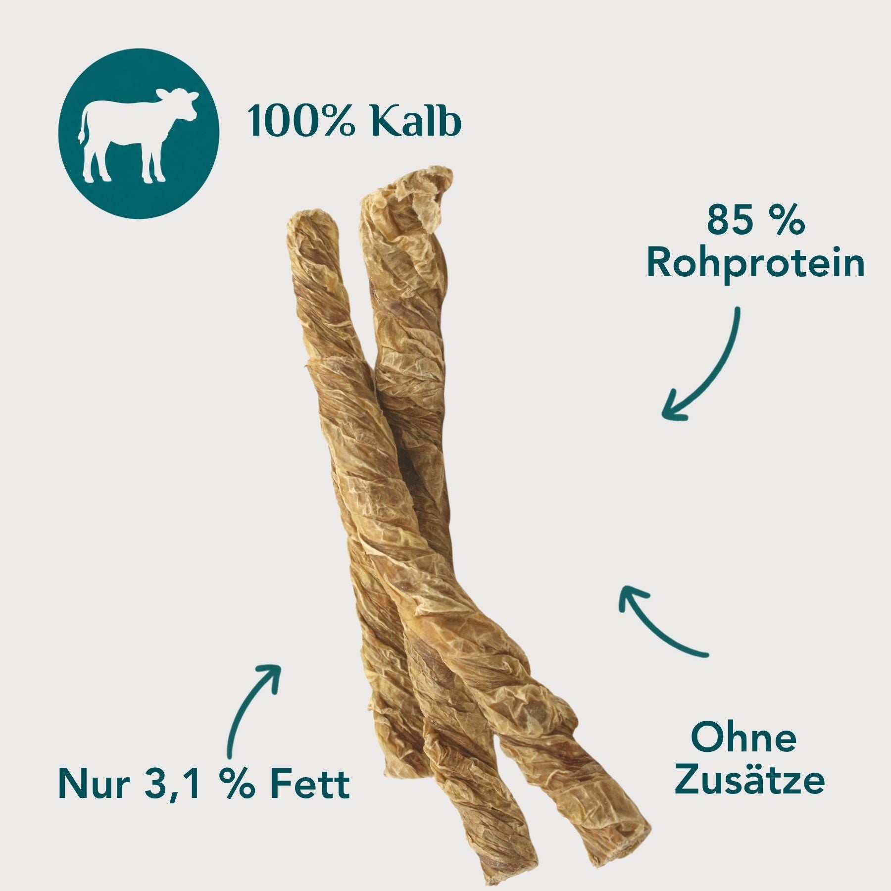Kälberblase gedreht für Hunde – 100 % Kalb, 85 % Protein, nur 3,1 % Fett, magerer Kausnack ohne Zusätze | EMMY & PEPE