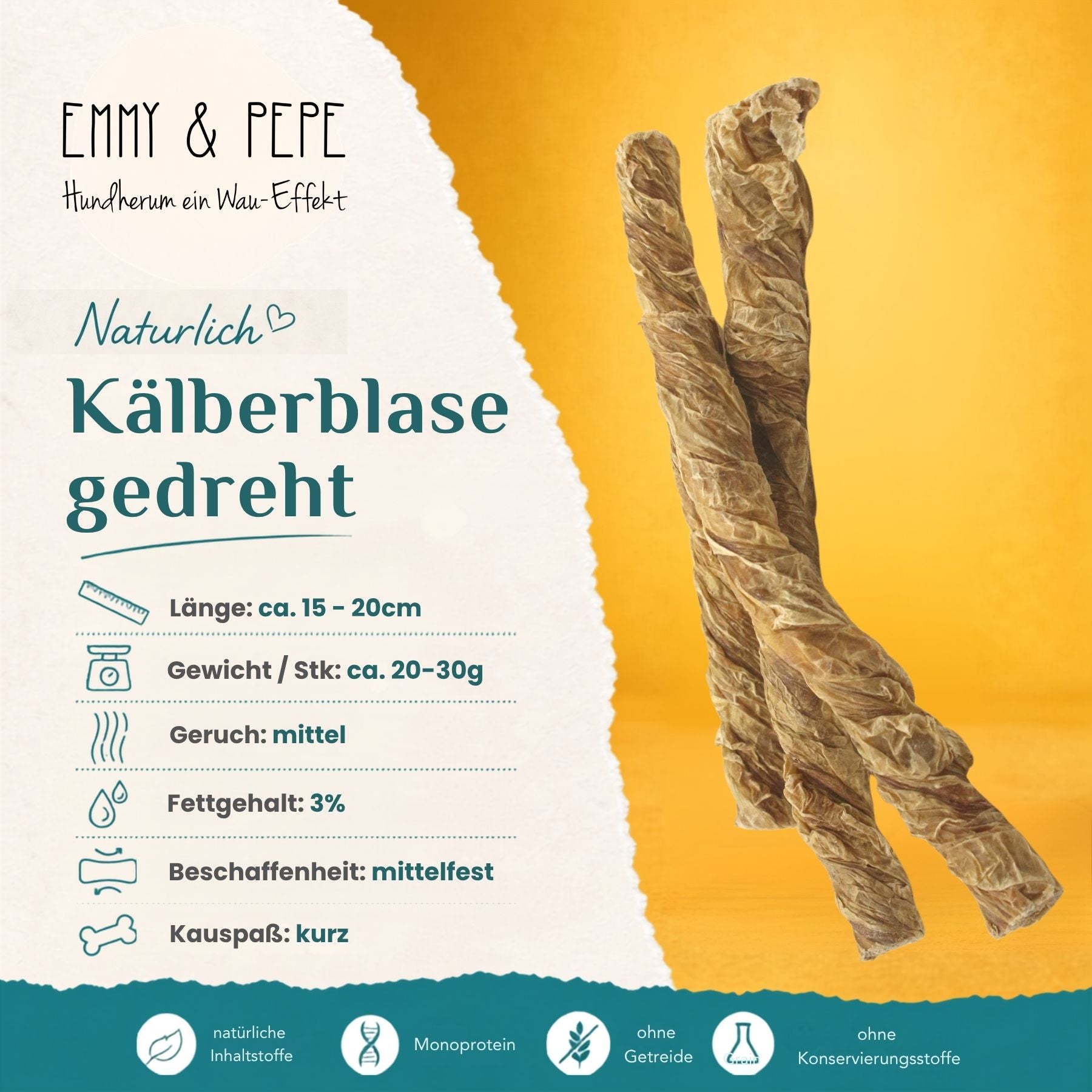 Eigenschaften Kälberblase gedreht – natürlicher Hundesnack, 85 % Protein, 3,1 % Fett, täglich einsetzbar | EMMY & PEPE