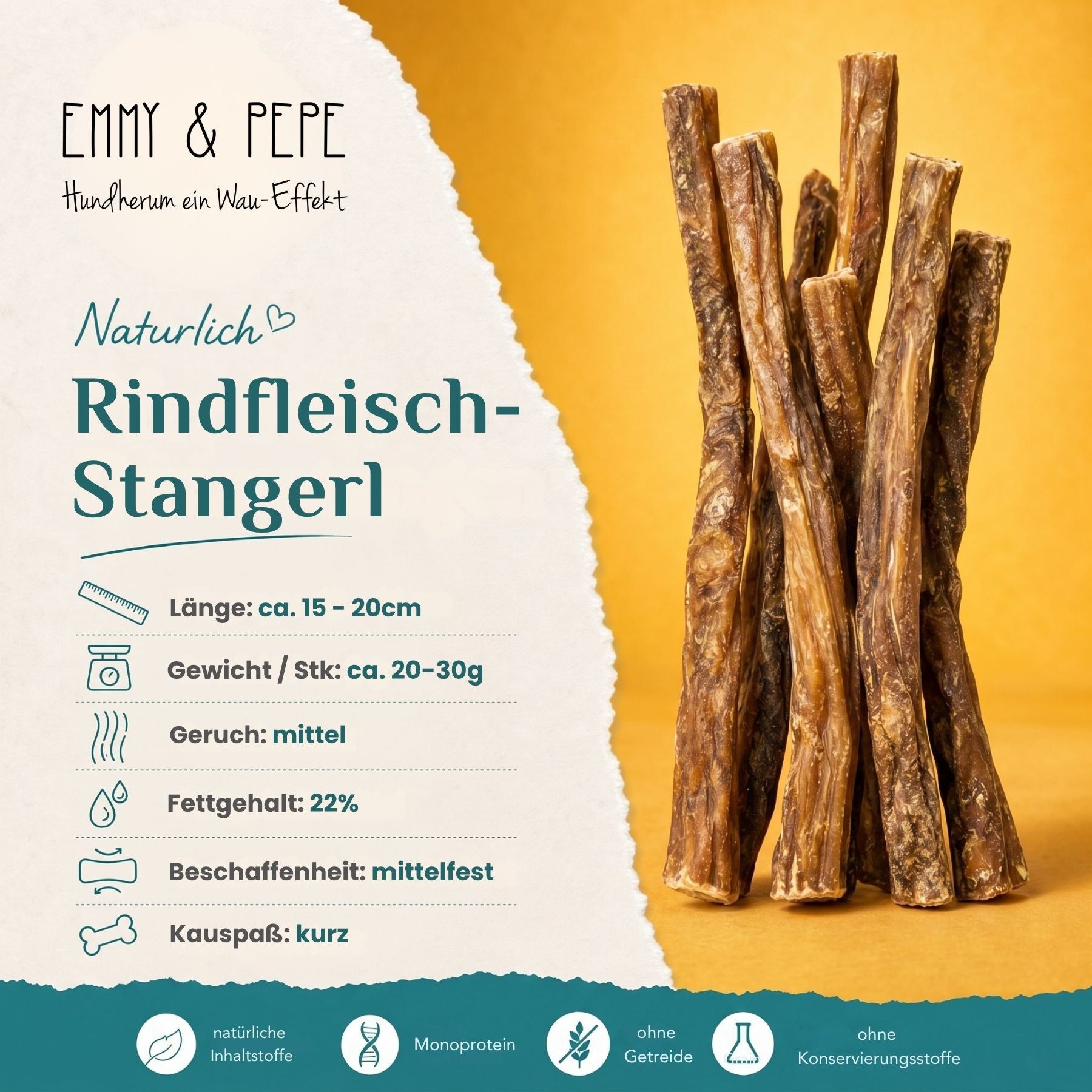 Eigenschaften Rindfleischstangerl – natürlicher Hundeснack, 83 % Protein, 8,7 % Fett, täglich einsetzbar | EMMY & PEPE