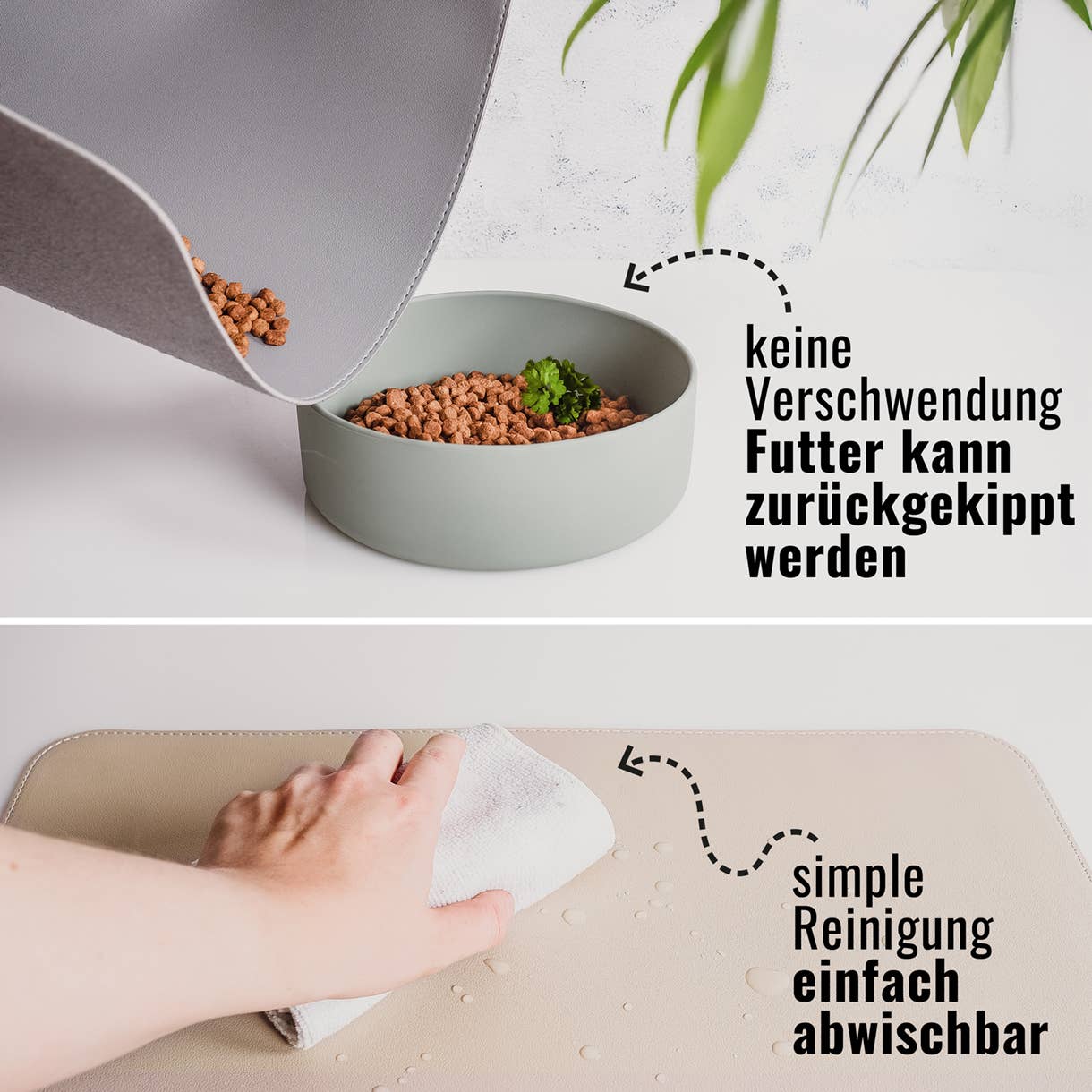 Flexible Napfunterlage aus veganem Leder zum einfachen Zurückkippen von Futterresten