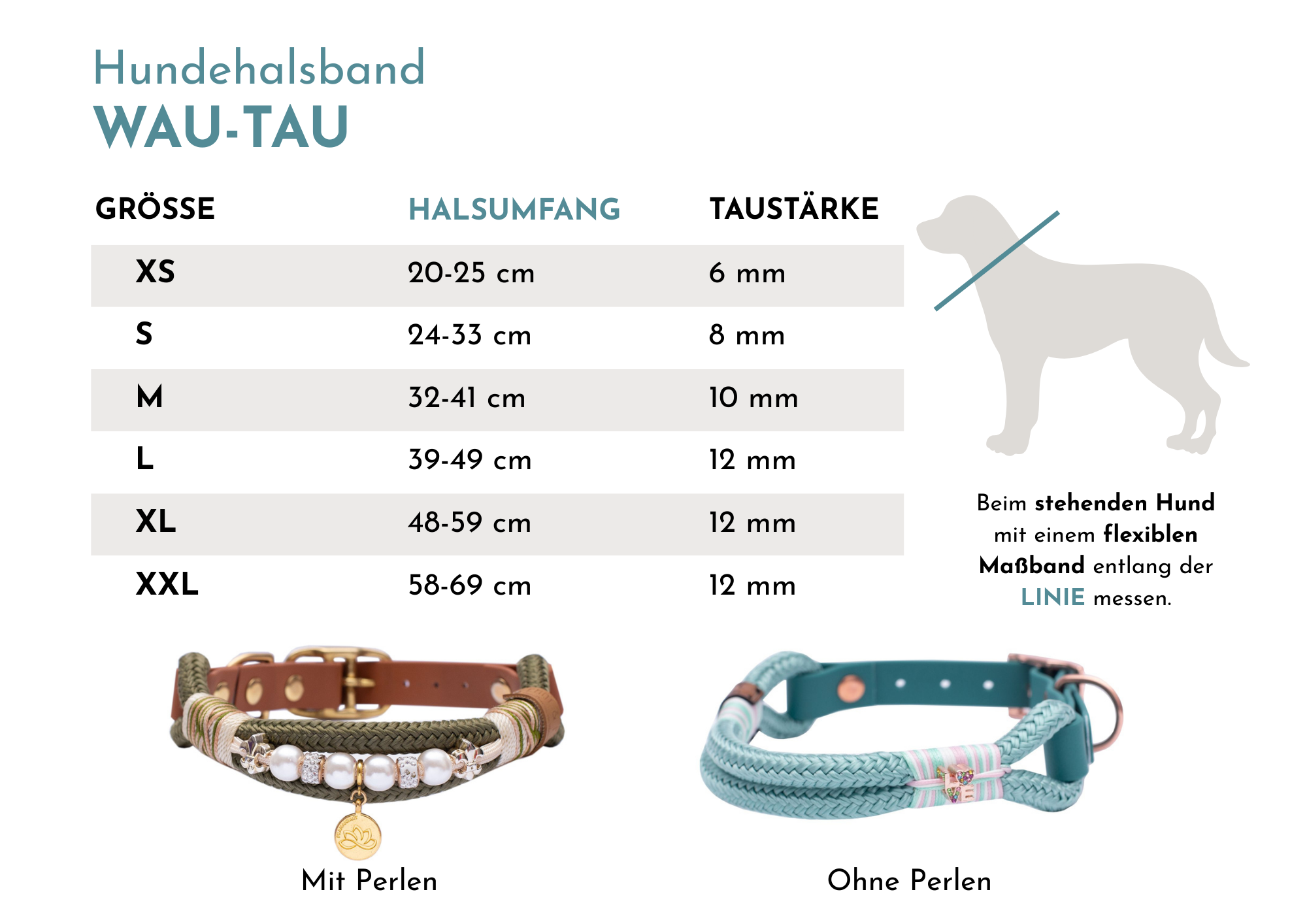 Größentabelle für das WAU-TAU Hundehalsband aus Tau mit Halsumfang und Tau-Stärke sowie Messanleitung für die richtige Größe.