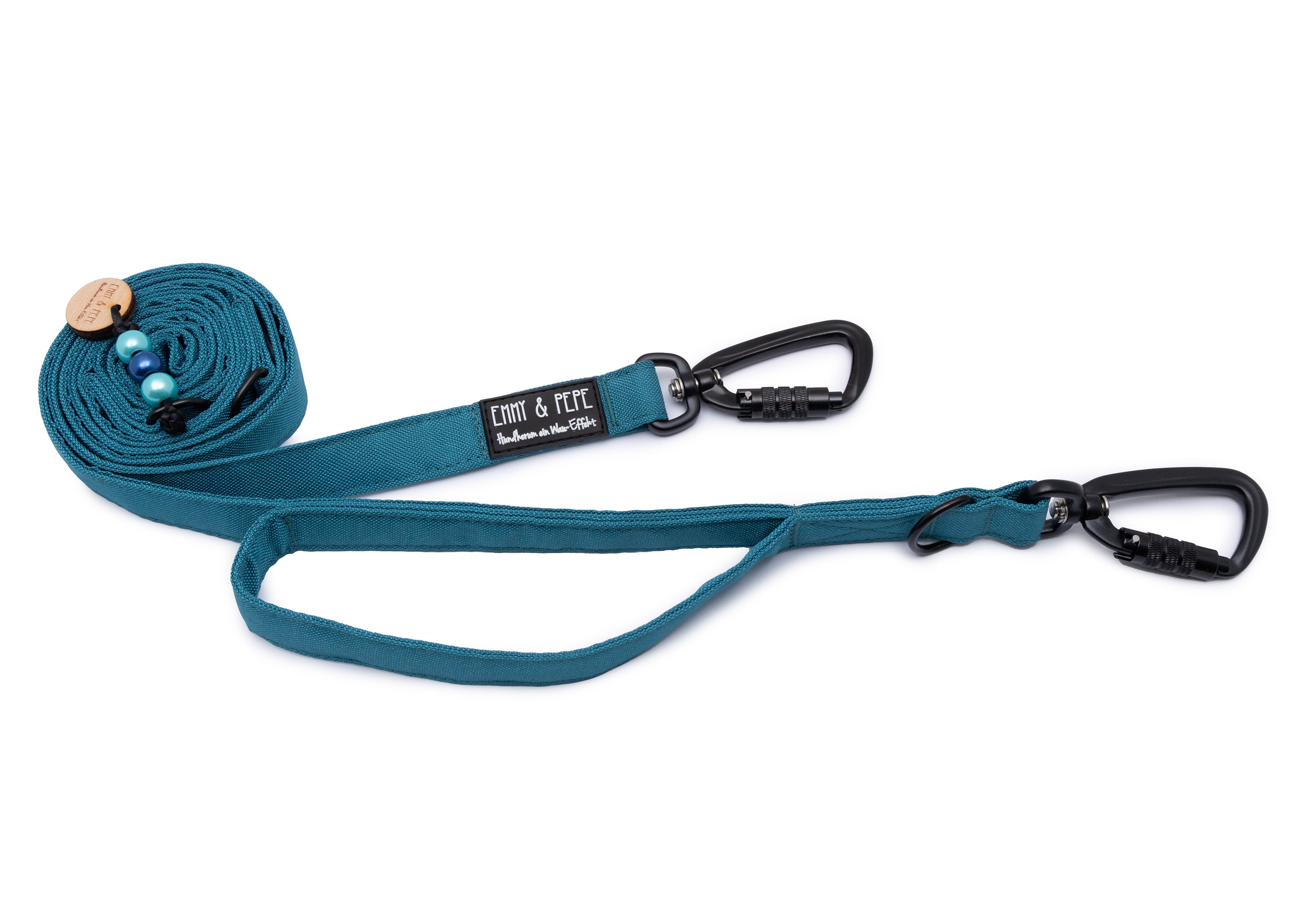 Hundeleine mit integriertem Kurzführer und Sicherheitskarabiner aus robustem Outdoorstoff in Blau von EMMY & PEPE – 2 m lang, 3-fach verstellbar für mittelgroße und große Hunde.