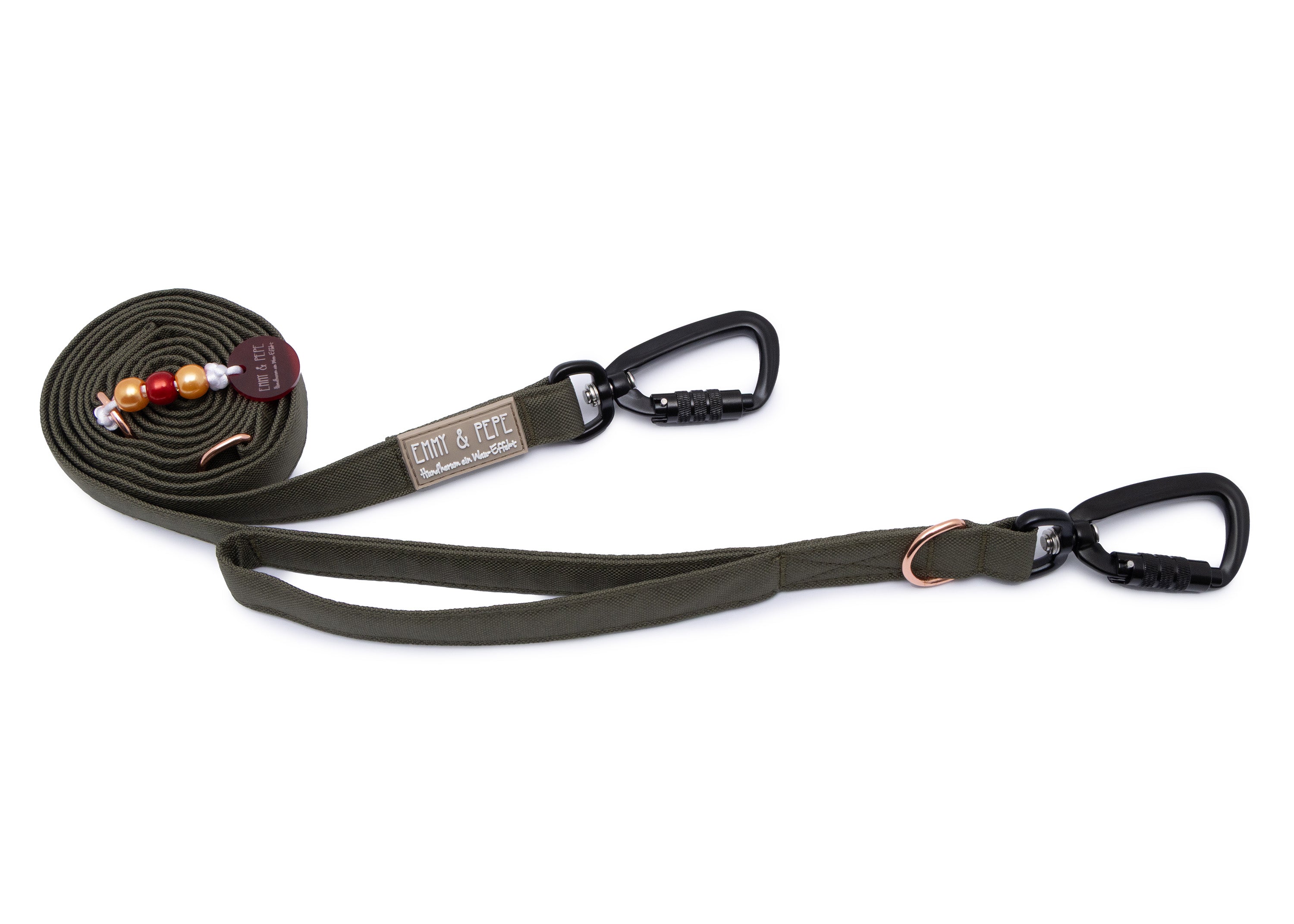 Hundeleine mit integriertem Kurzführer und Sicherheitskarabiner aus robustem Outdoorstoff in modernem Olive von EMMY & PEPE – 2 m lang, 3-fach verstellbar für mittelgroße und große Hunde.