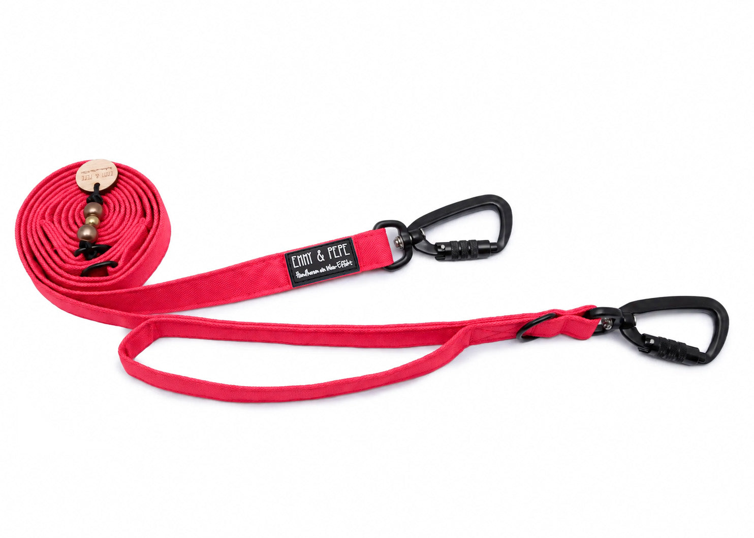 Hundeleine mit integriertem Kurzführer und Sicherheitskarabiner aus robustem Outdoorstoff in sattem Neon Pink von EMMY & PEPE – 2 m lang, 3-fach verstellbar für mittelgroße und große Hunde.