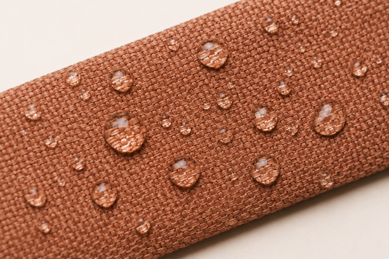 Detailaufnahme des wasserabweisenden Outdoorstoffs von EMMY & PEPE. Strapazierfähiges Material mit abperlenden Wassertropfen für jedes Wetter.