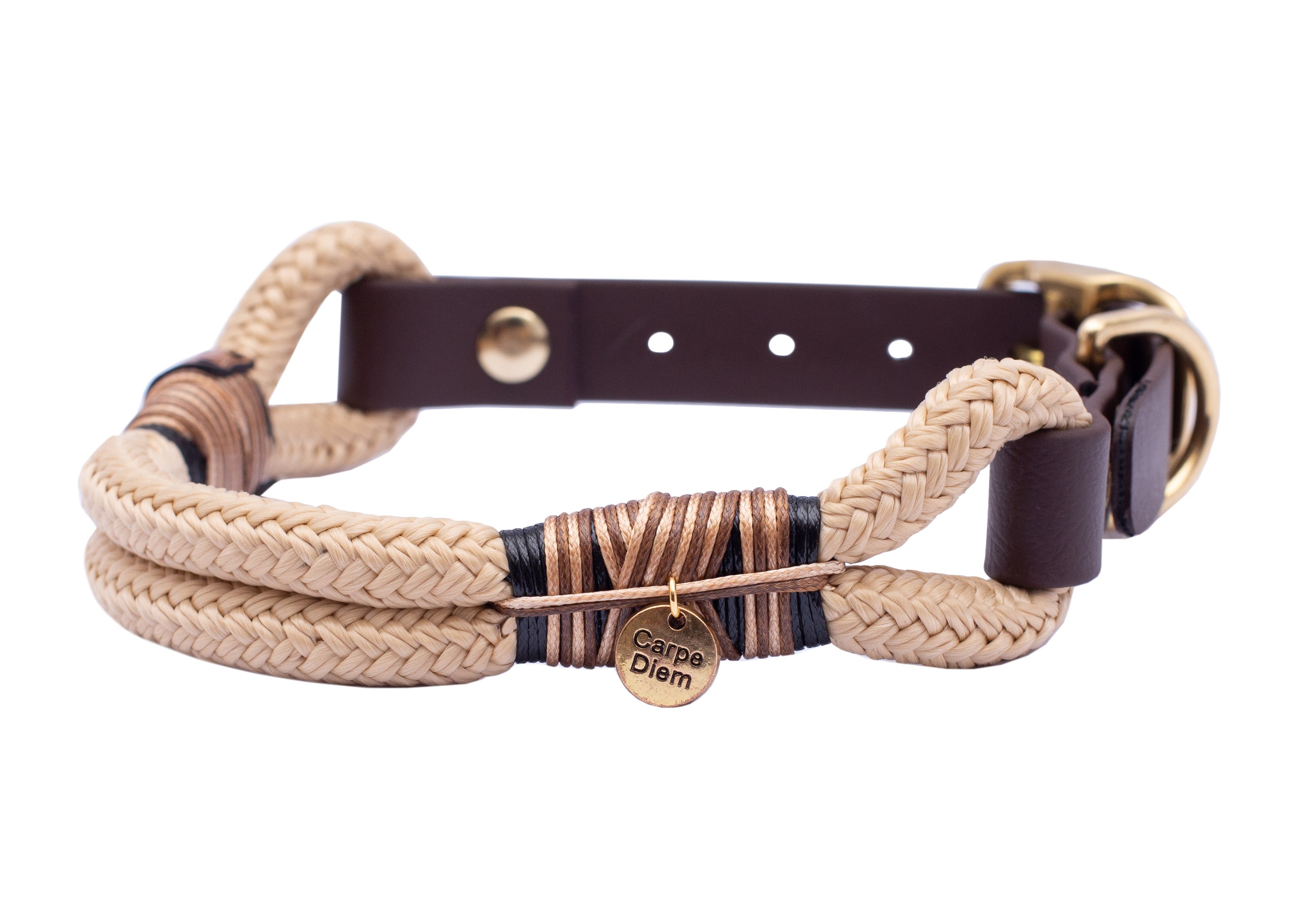 Handgefertigtes Tauhalsband ohne Perlen in Creme mit Brauner Takelung und Biothane-Verschluss für Hunde – robust, vegan und individuell verstellbar von EMMY&PEPE