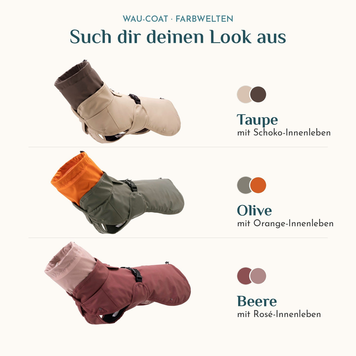 Wau-Coat Hundemantel in drei Farben: Taupe, Olive und Beere