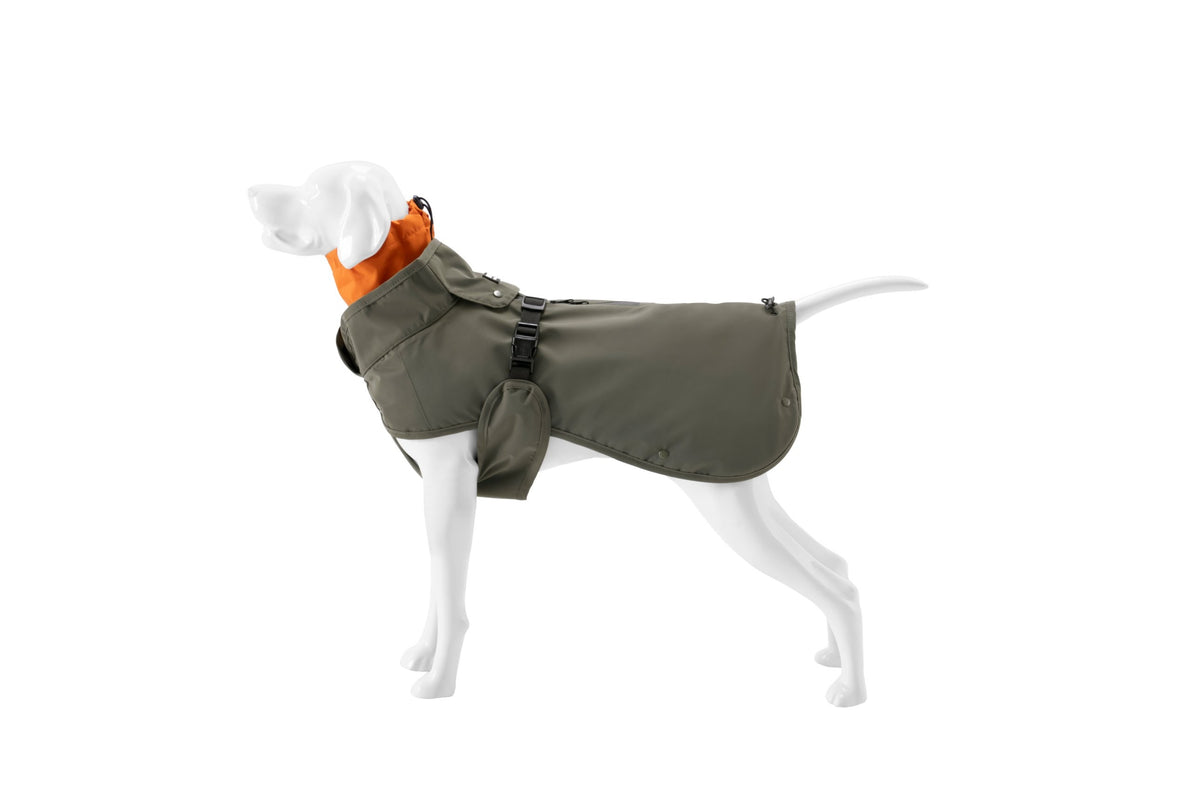 Wau-Coat in Olive von der Seite: Hundemantel mit wasserdichtem Oberstoff mit Klickverschluss und Bauchschutz