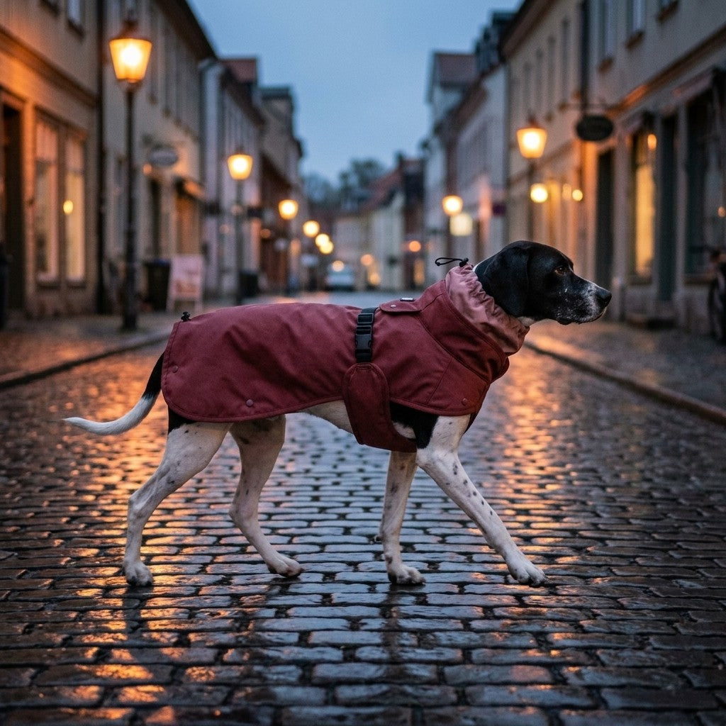 Hund im Wau-Coat Beere beim Abendspaziergang in der Altstadt