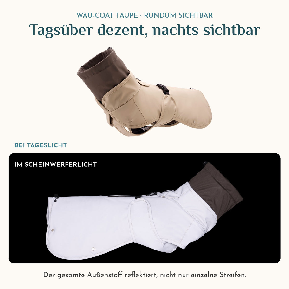 Wau-Coat Taupe bei Tageslicht und im Scheinwerferlicht: Der gesamte Außenstoff reflektiert