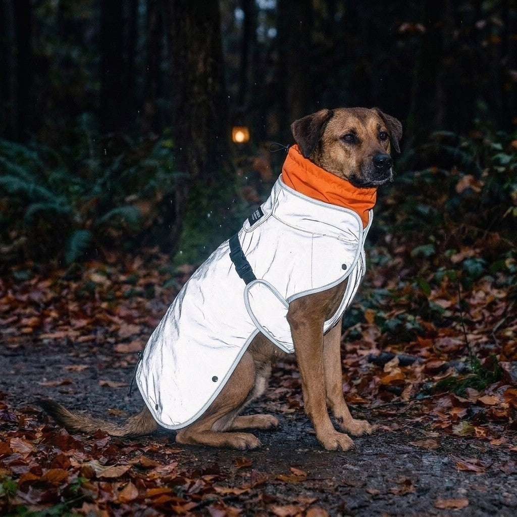 Wau-Coat Olive reflektiert nachts silbern – rundum reflektierender Hundemantel für dunkle Gassirunden