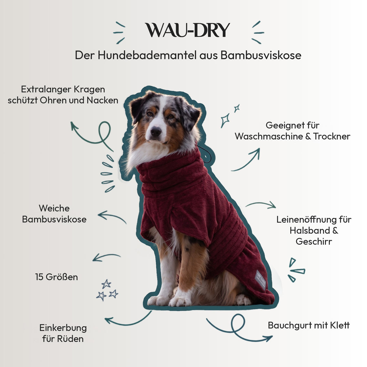 Wau-Dry Funktionen: extralanger Kragen, Leinenöffnung, Bauchgurt mit Klett, Einkerbung für Rüden, 15 Größen
