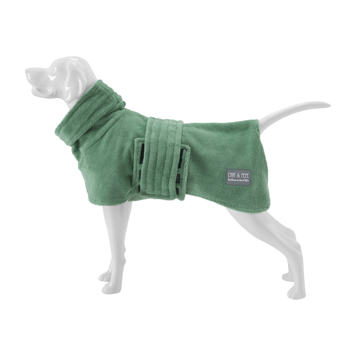 Wau-Dry Salbei von der Seite: Hundebademantel mit breitem Bauchgurt und Klettverschluss