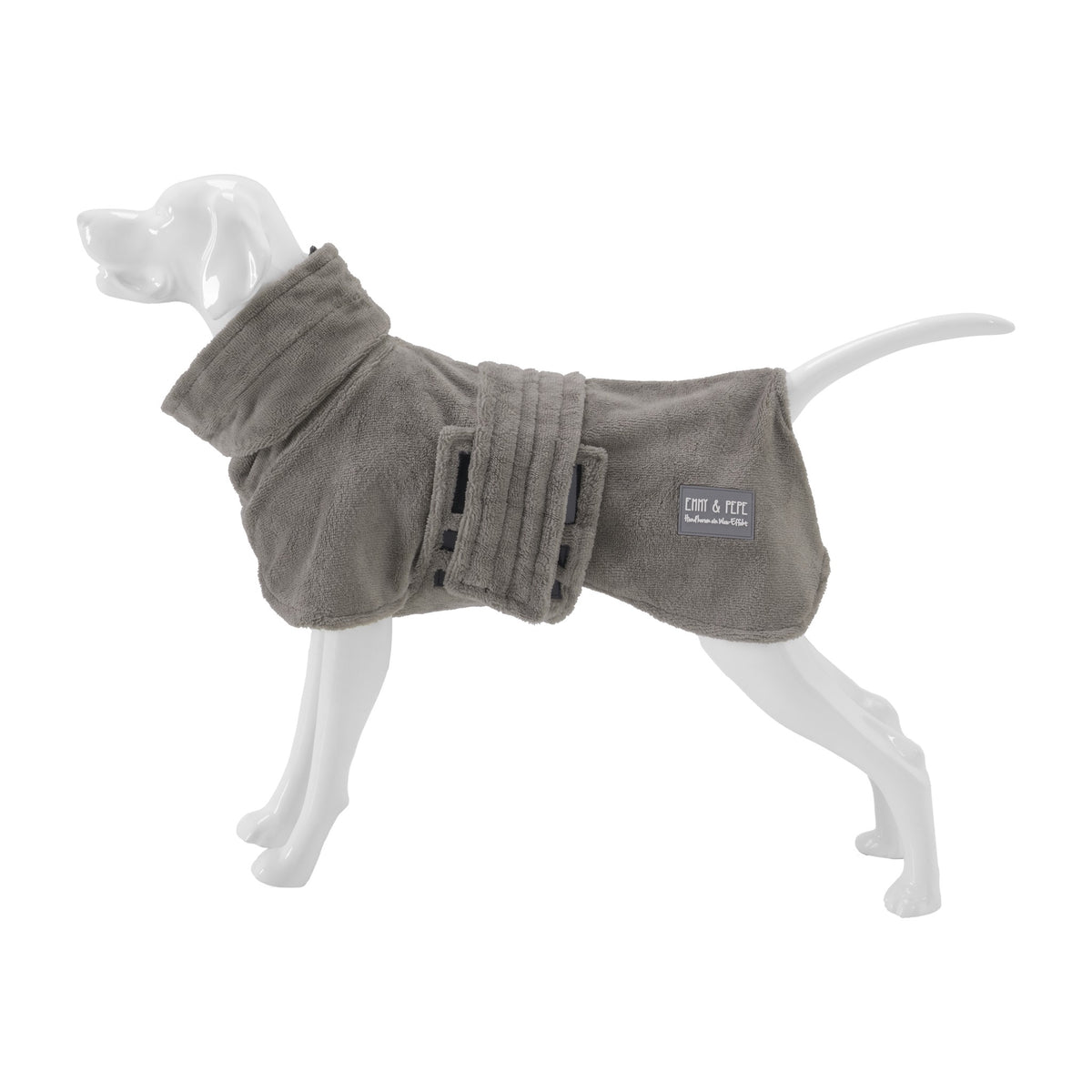 Wau-Dry Taupe von der Seite: Hundebademantel mit breitem Bauchgurt und Klettverschluss