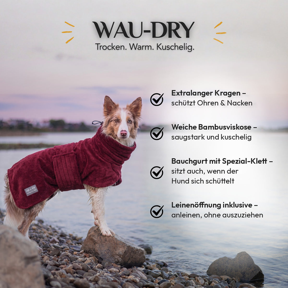 Hund im Wau-Dry Beere am Wasser – Hundebademantel mit extralangem Kragen und Leinenöffnung