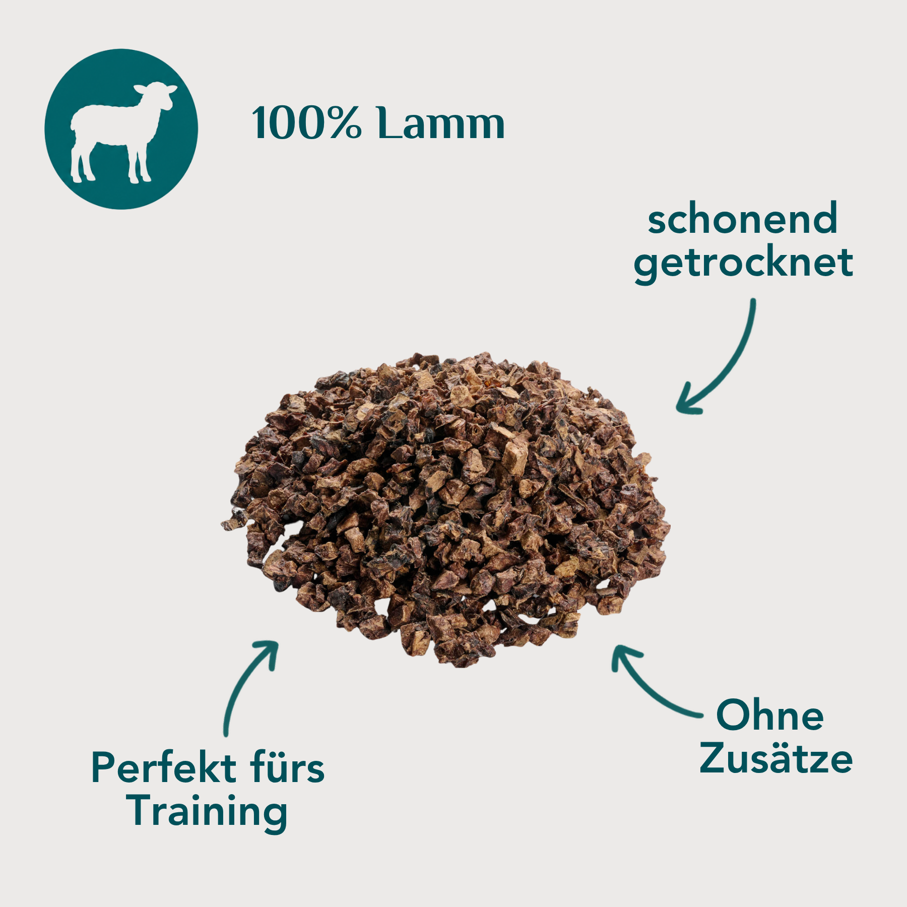 Emmy & Pepe Lungen-Miniwürfel Lamm – Icons zu 100% Lamm, schonend getrocknet und Perfekt fürs Training, im Hintergrund ein Haufen getrockneter Lungen-Miniwürfel