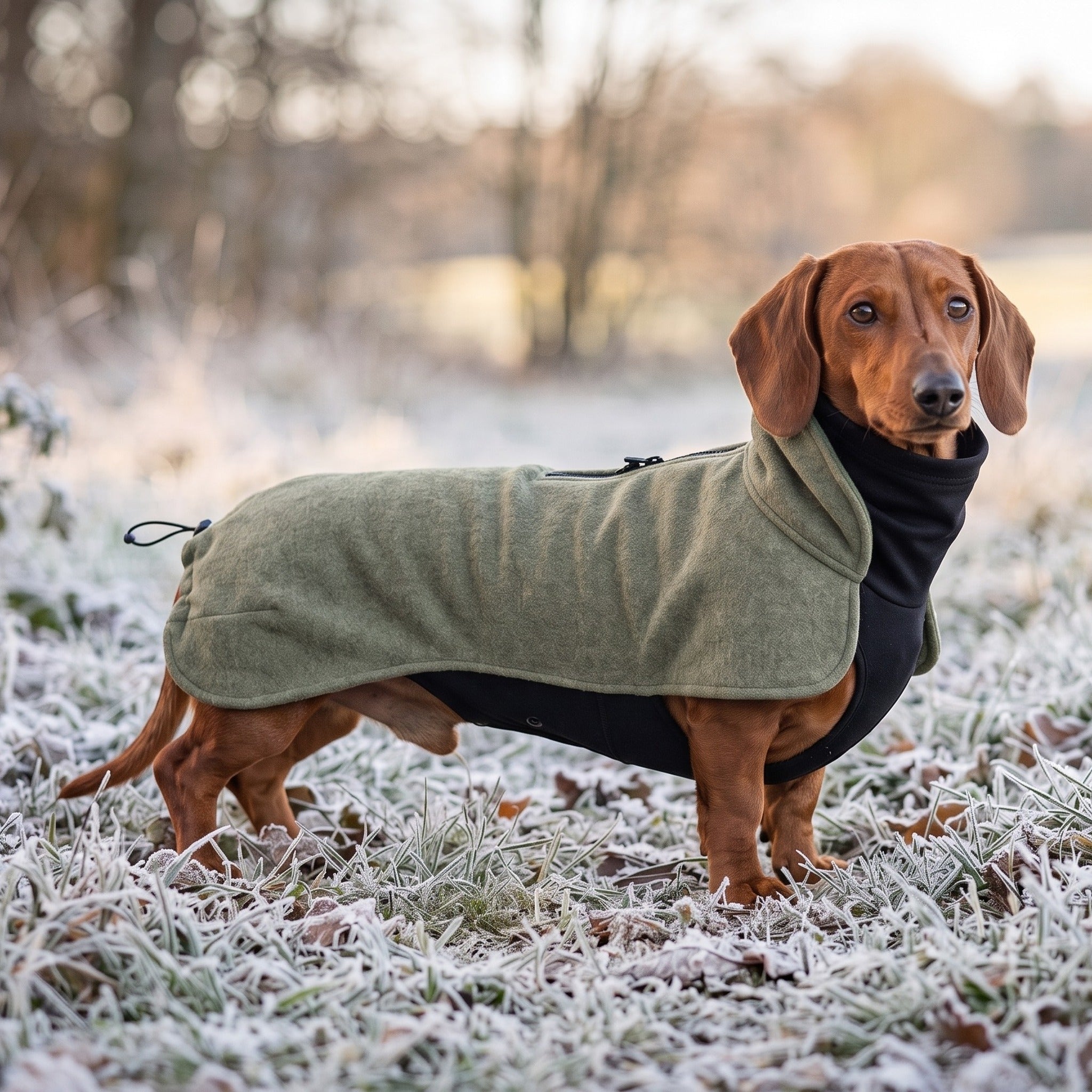 Dackel im Wau-Jumper Hundepullover Olive auf einer Wiese mit Raureif