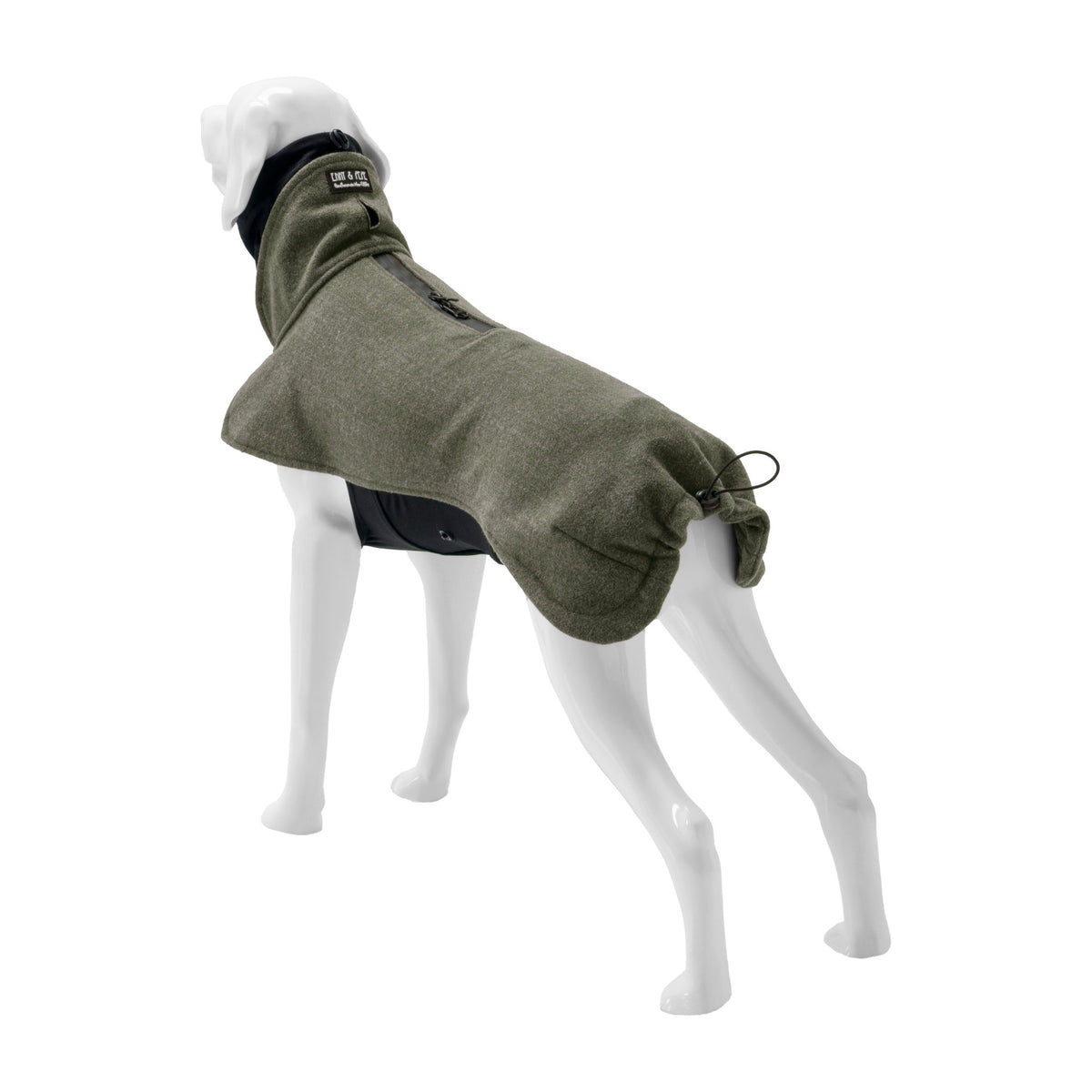 Wau-Jumper in Olive schräg von hinten mit Halsbandöffnung, Rücken-Reißverschluss und raffbarem Hinterteil