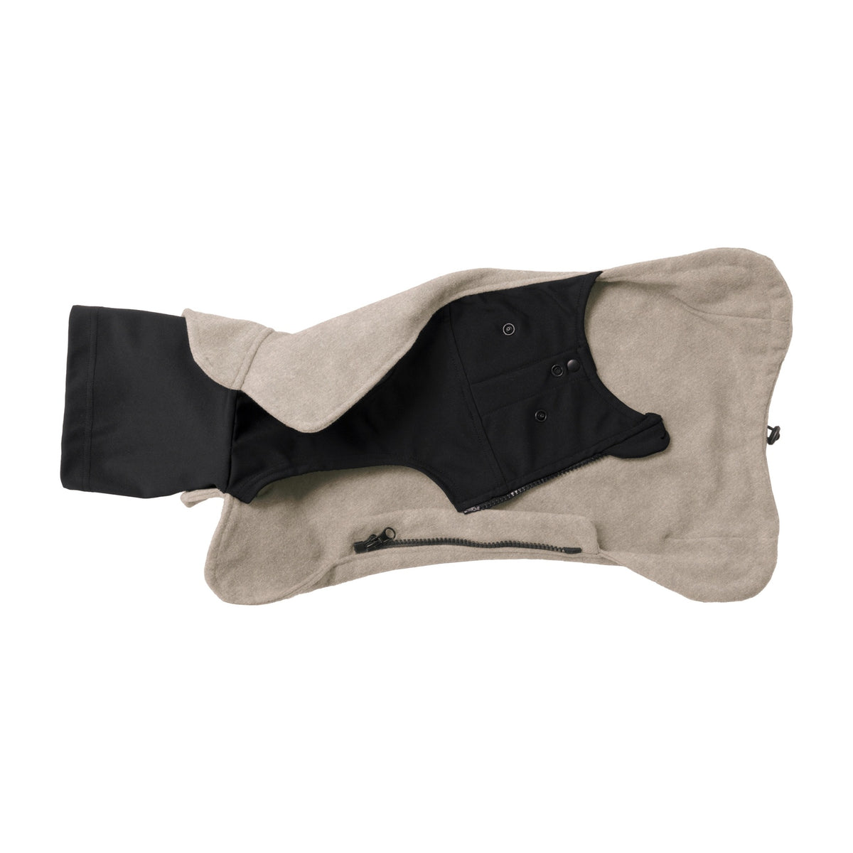 Wau-Jumper in Taupe mit geöffnetem Bauchstück: Druckknöpfe für die Rüden-Funktion und Reißverschluss