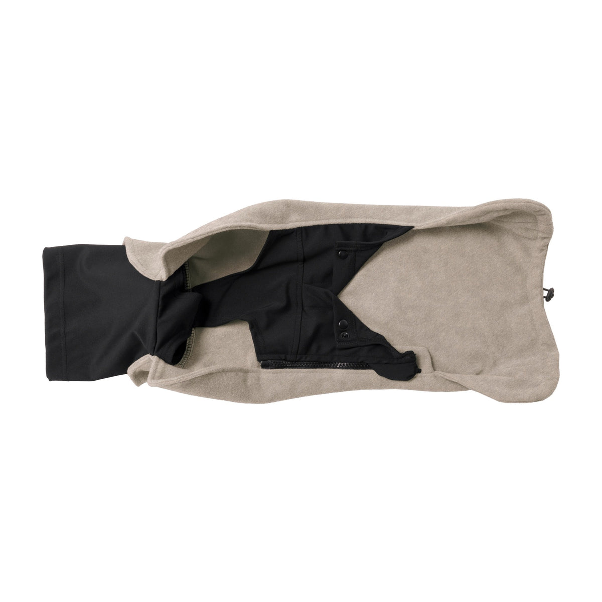 Innenseite des Wau-Jumper in Taupe mit Bauchstück aus schwarzem Stretch und Druckknöpfen