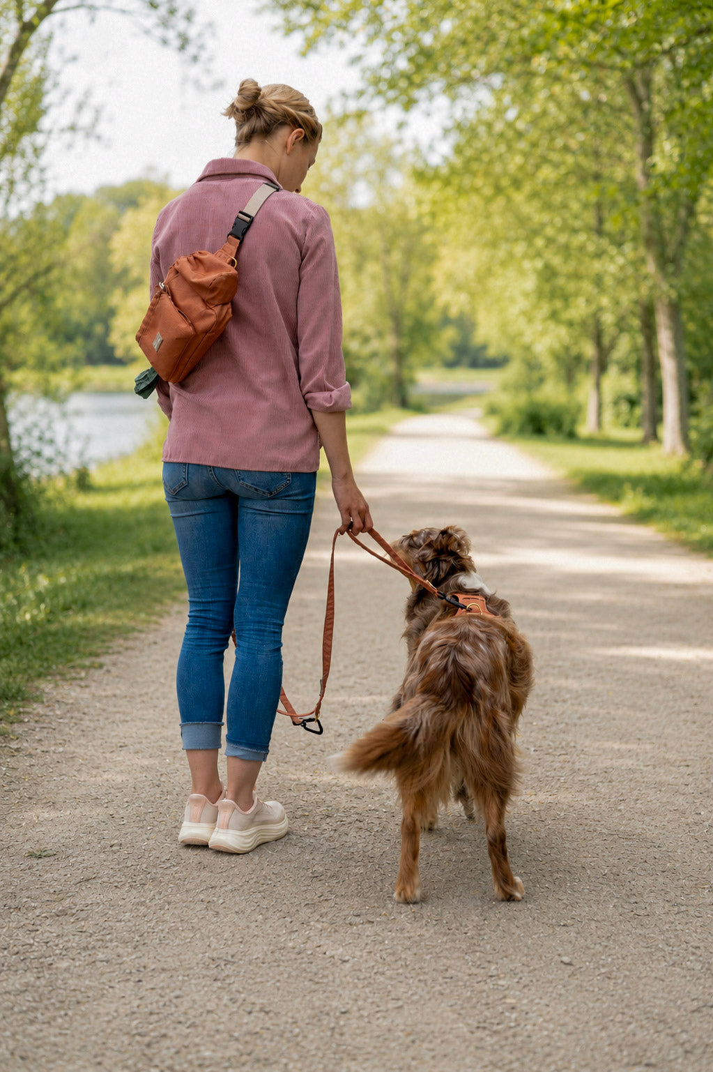 Frau führt ihren Hund mit der Hundeleine mit integriertem Kurzführer von EMMY & PEPE. Die 3-fach verstellbare Leine mit Sicherheitskarabiner bietet mehr Kontrolle beim Spaziergang.