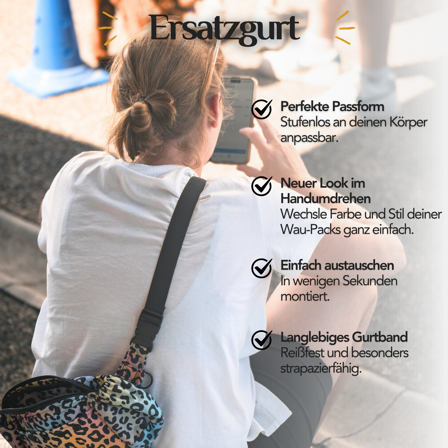 EMMY & PEPE Wau-Pack Ersatzgurt im Einsatz – individuell verstellbarer Wechselgurt für optimalen Tragekomfort, schnellen Austausch und einen neuen Look deiner Wau-Pack Bauchtasche.