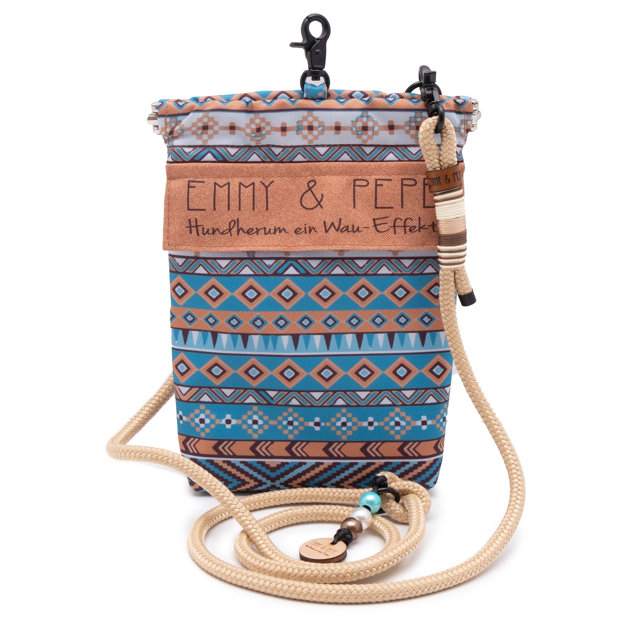 EMMY & PEPE Wau-To-Go Spirit in Türkis & Orange Leckerlibeutel und Gassitasche freigestellt mit Taugurt in Creme und kompaktem Design