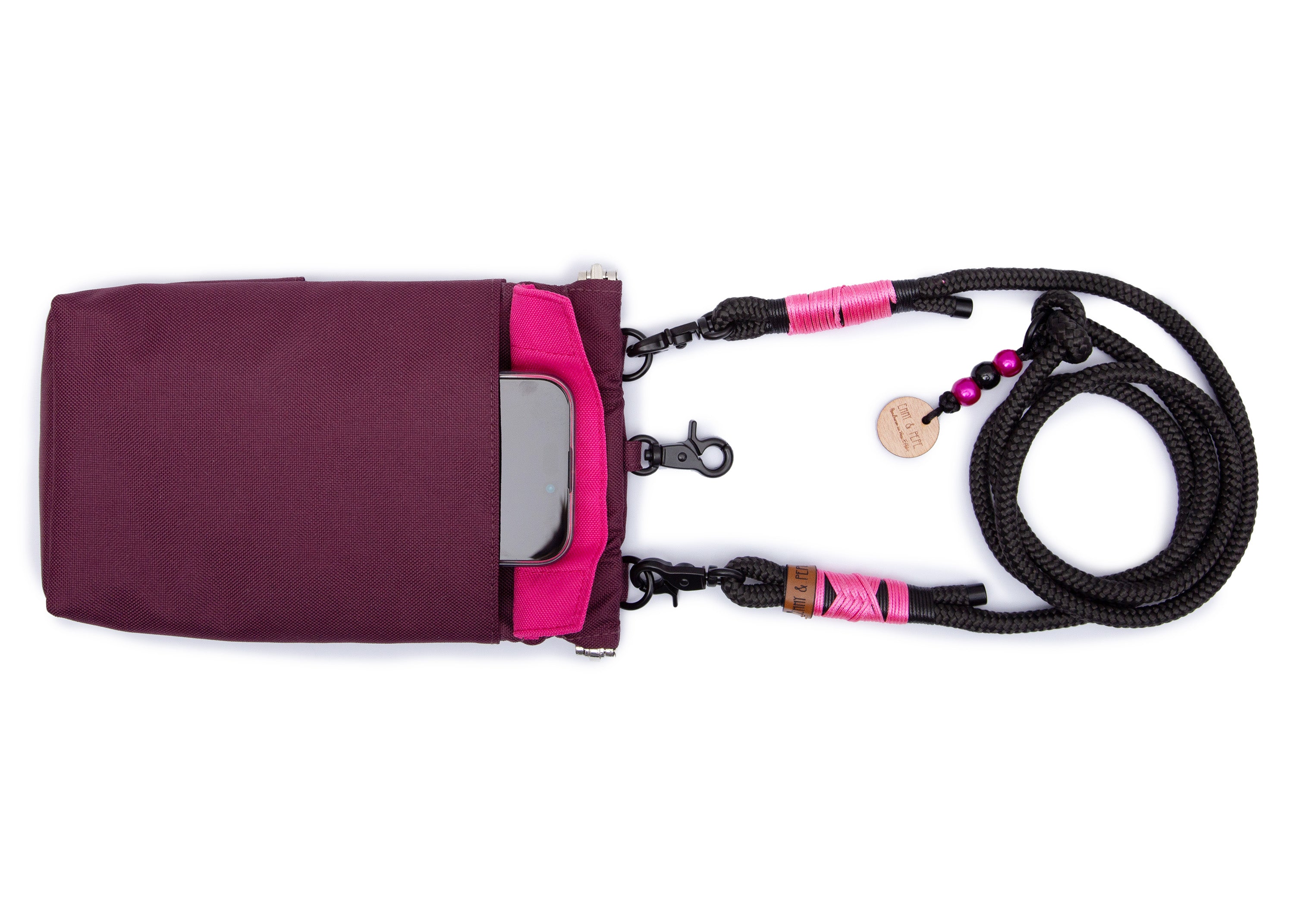 EMMY & PEPE Wau-To-Go Pink Berry Leckerlibeutel und Gassitasche von vorne mit magnetischem Fach für Handy, Schlüssel oder Portemonnaie