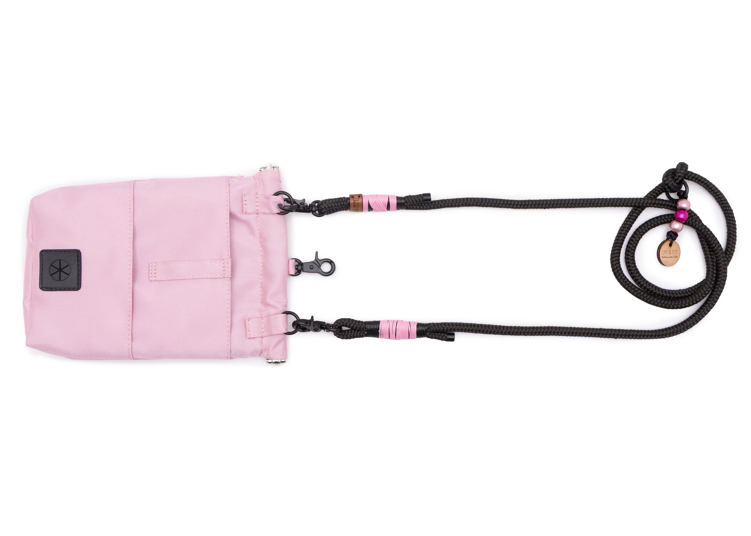 Rückseite der EMMY & PEPE Wau-To-Go Rosi in Rosa Leckerlibeutel und Gassitasche mit Zusatzfach, Gürtelschlaufe und integriertem Kotbeutelspender