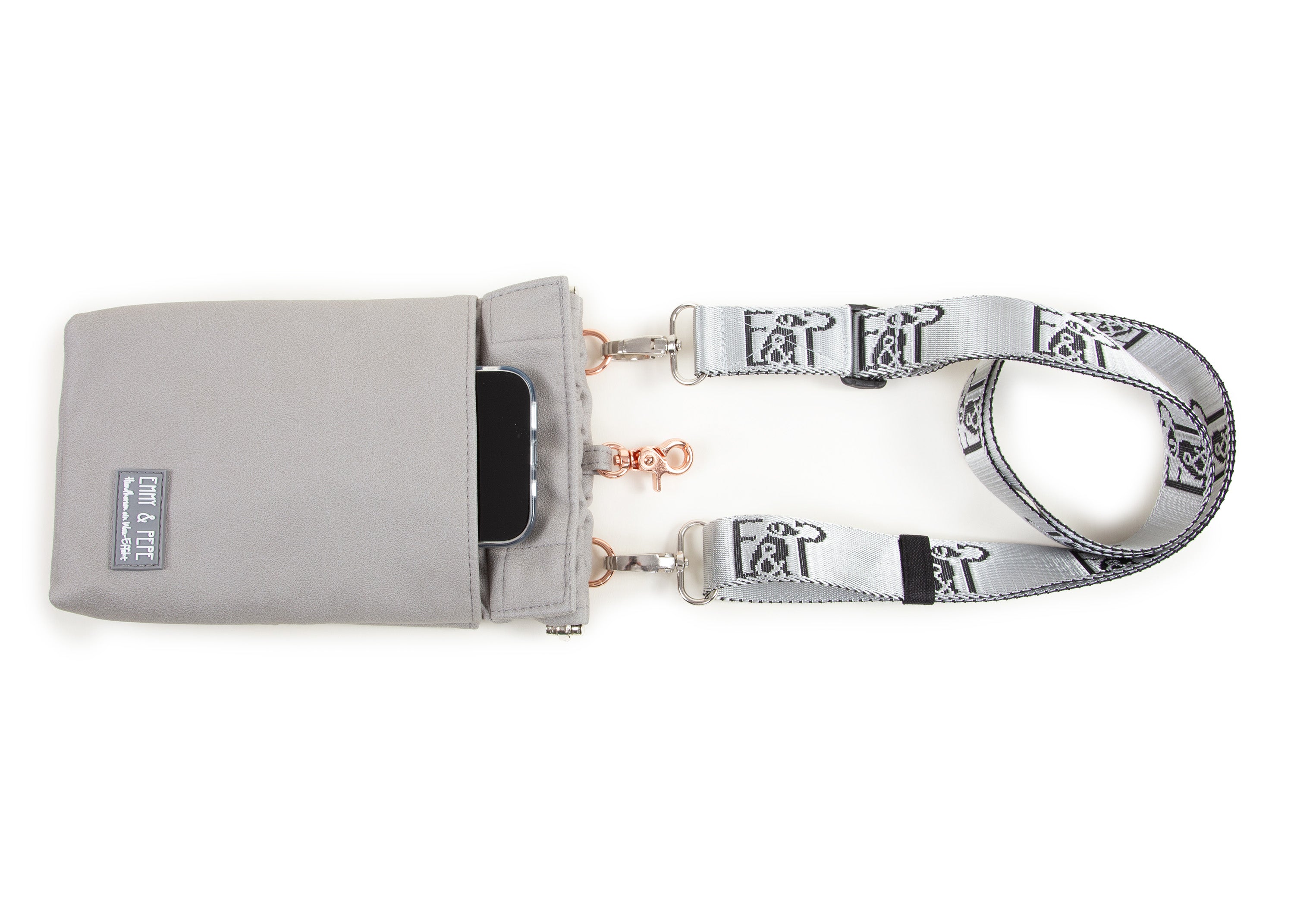 EMMY & PEPE Wau-To-Go Wildleder Silber Leckerlibeutel und Gassitasche von vorne mit magnetischem Fach für Handy, Schlüssel oder Portemonnaie