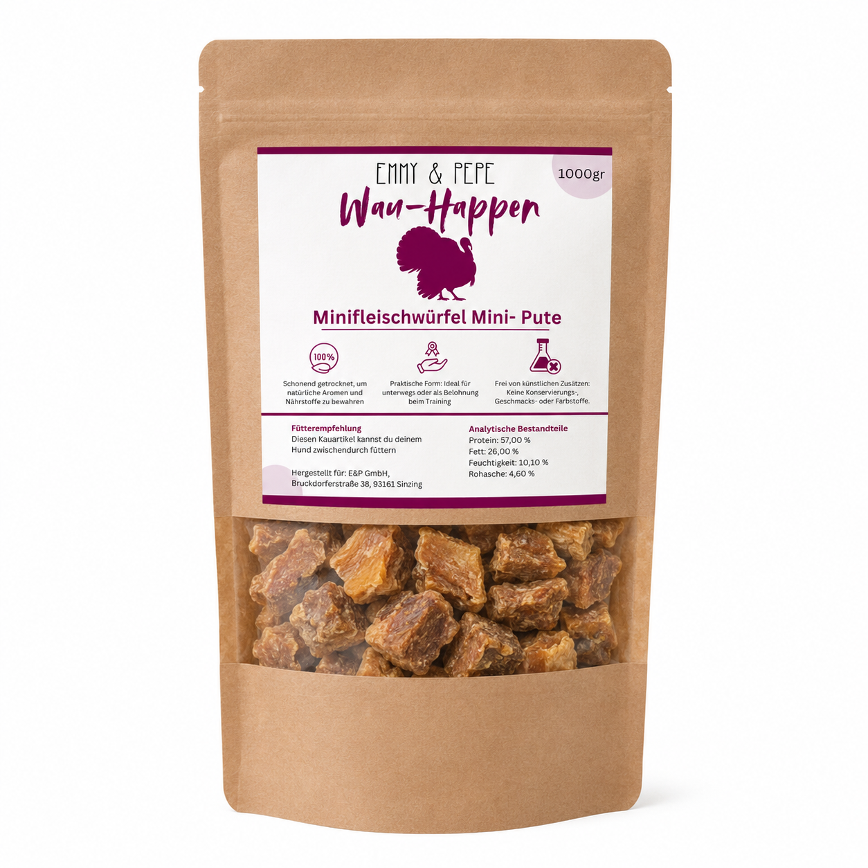 Kraftpapier-Verpackung Emmy & Pepe Wau-Happen Minifleischwürfel Mini-Pute, 1000g, mit Puten-Logo, Etikett zu Analytischen Bestandteilen (Protein 57,00%, Fett 26,00%, Feuchtigkeit 10,10%, Rohasche 4,60%) und Fütterempfehlung, im Sichtfenster getrocknete Putenfleisch-Miniwürfel
