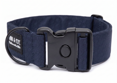 Dunkelblaues Hundehalsband aus Stoff mit schwarzem Kunststoff-Schnellverschluss und schwarzem Metallring zur Befestigung einer Leine. Das Halsband ist vor weißem Hintergrund fotografiert und zeigt eine breite, verstellbare Ausführung mit gepolsterter Innenseite. Auf einem kleinen Etikett am Ring ist ein Markenlogo zu erkennen.